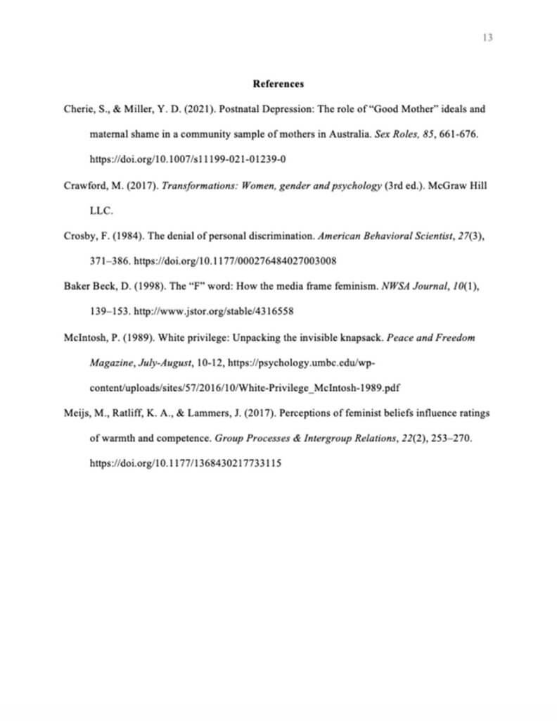 A sample reference page with 6 cited sources. At the top right corner is the number 13, indicating the page number. At the top of the page is the title "References" in bold. Underneath are the six citations, all with hanging indents.